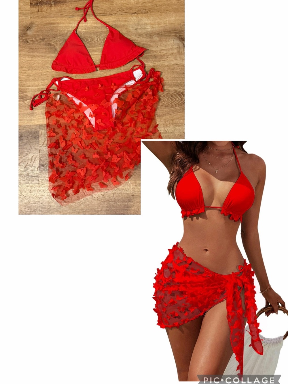 Red Ruffle Triangle Bikini with Sheer Butterfly Sarong